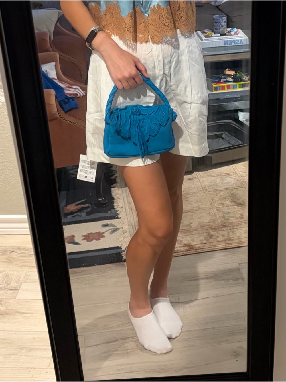 Blue Floral Leather Handbag - Women